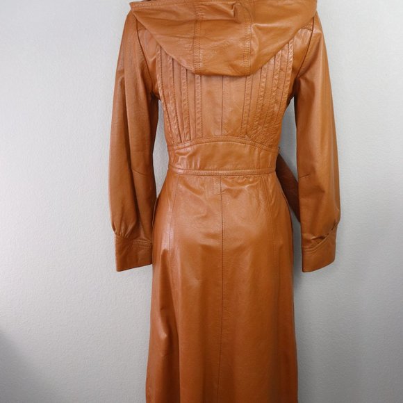 Vintage Boho 70's Leather Trench Coat with Hood Size S - Picture 7 of 14